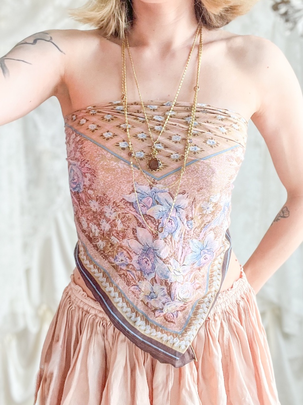 Pure Silk Pink Floral Square Scarf Romantic Cottage Bandana Top
